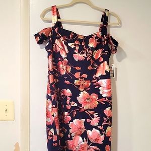 Perfect weddings/cocktail party. Blue dress with metallic coral and gold flowers